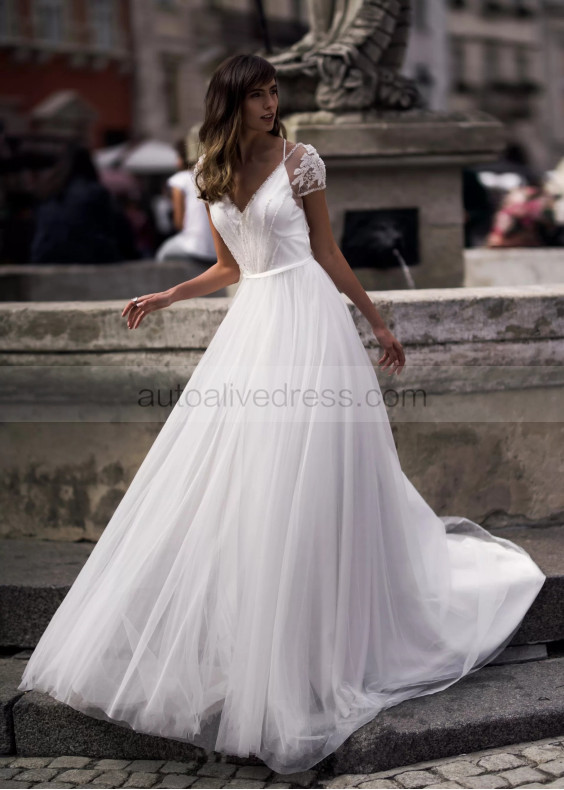 Cap Sleeves Beaded Ivory Lace Tulle Sparkly Wedding Dress Cap Sleeves Beaded Ivory Lace Tulle Sparkly Wedding Dress